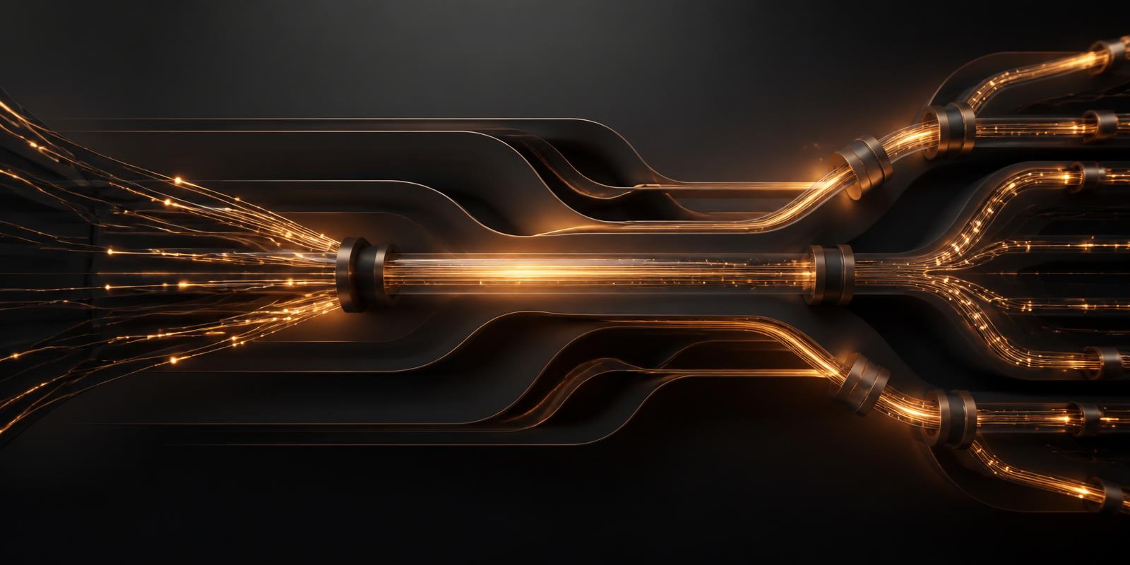 Bronze light streams flowing through dark channels, representing automated data pipelines