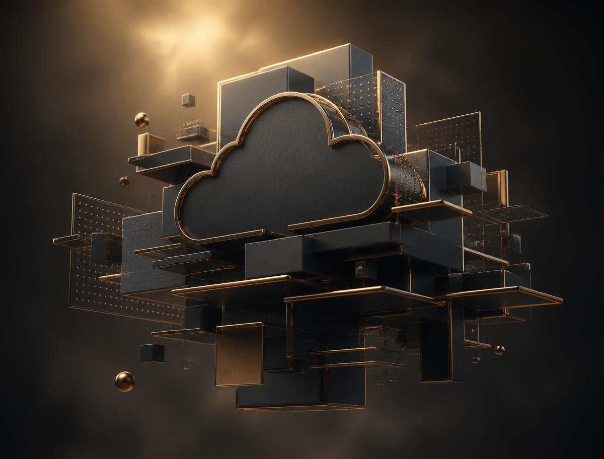Abstract charcoal and bronze structure representing layered cloud services