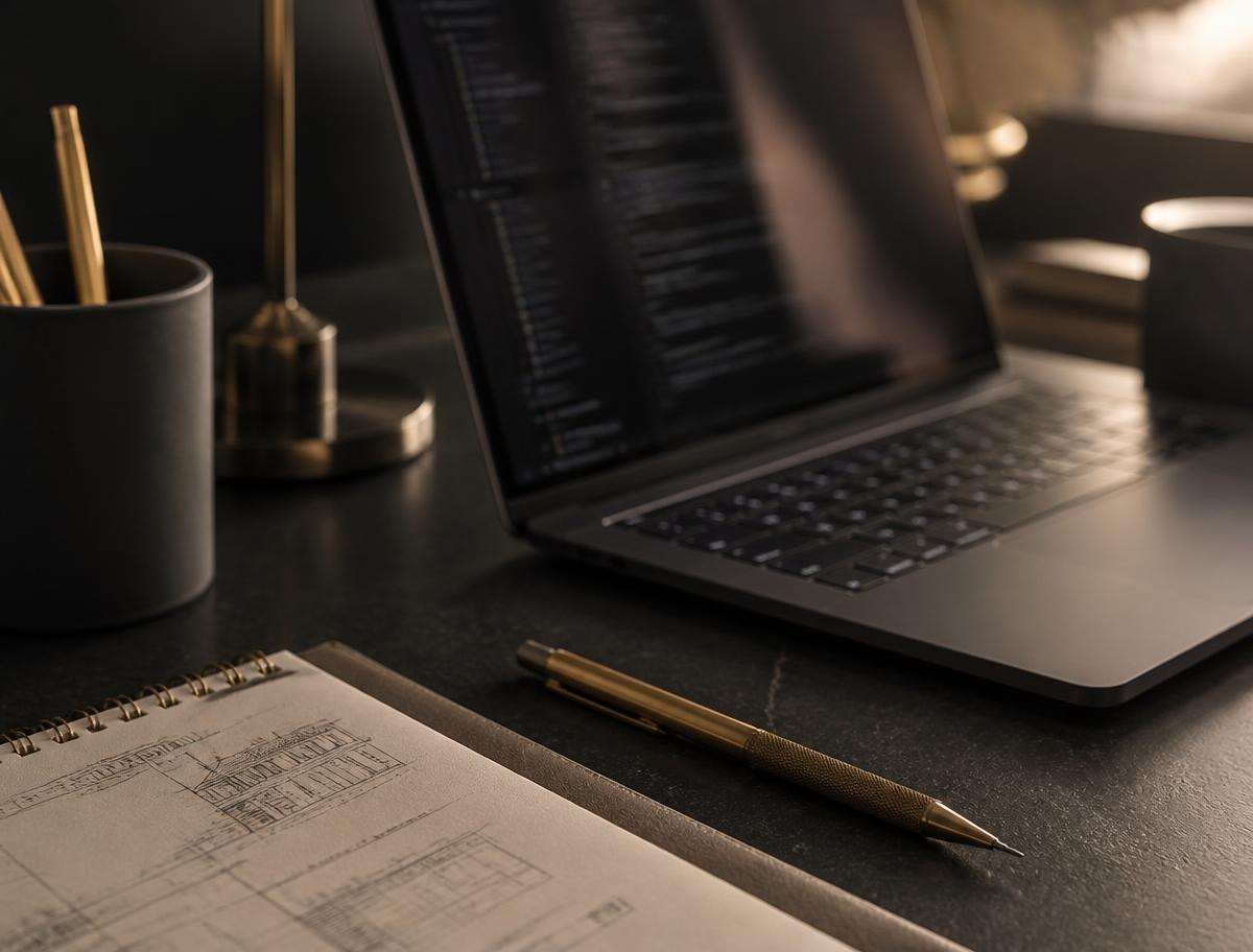 Laptop with code and a notebook of architecture sketches on a dark desk