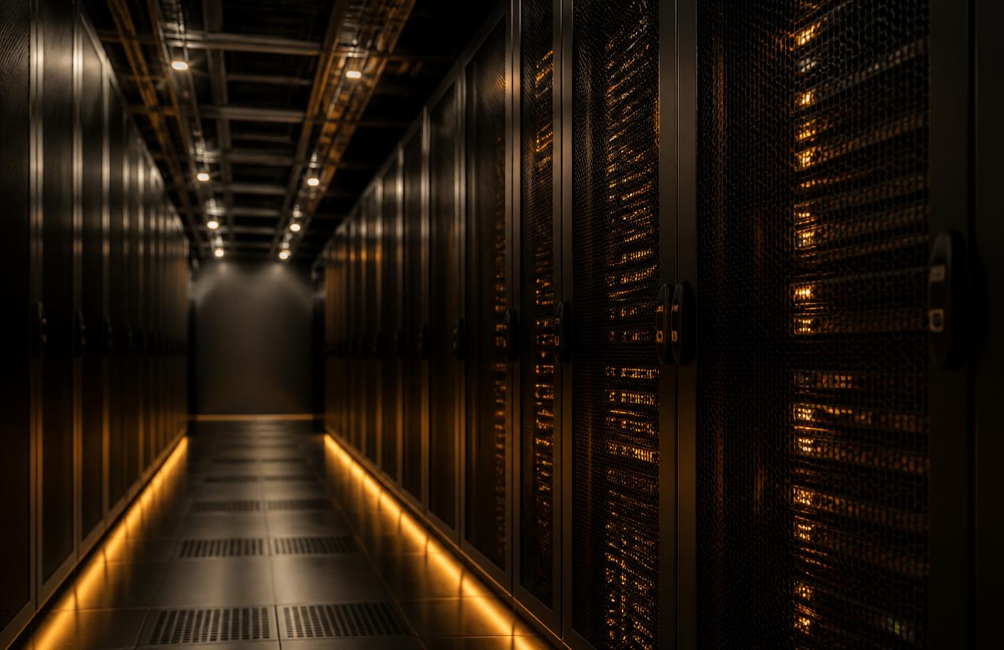 Server racks in a dark data centre corridor lit with warm amber light