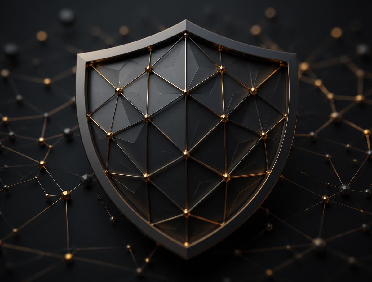 Geometric shield with brass nodes representing layered system security