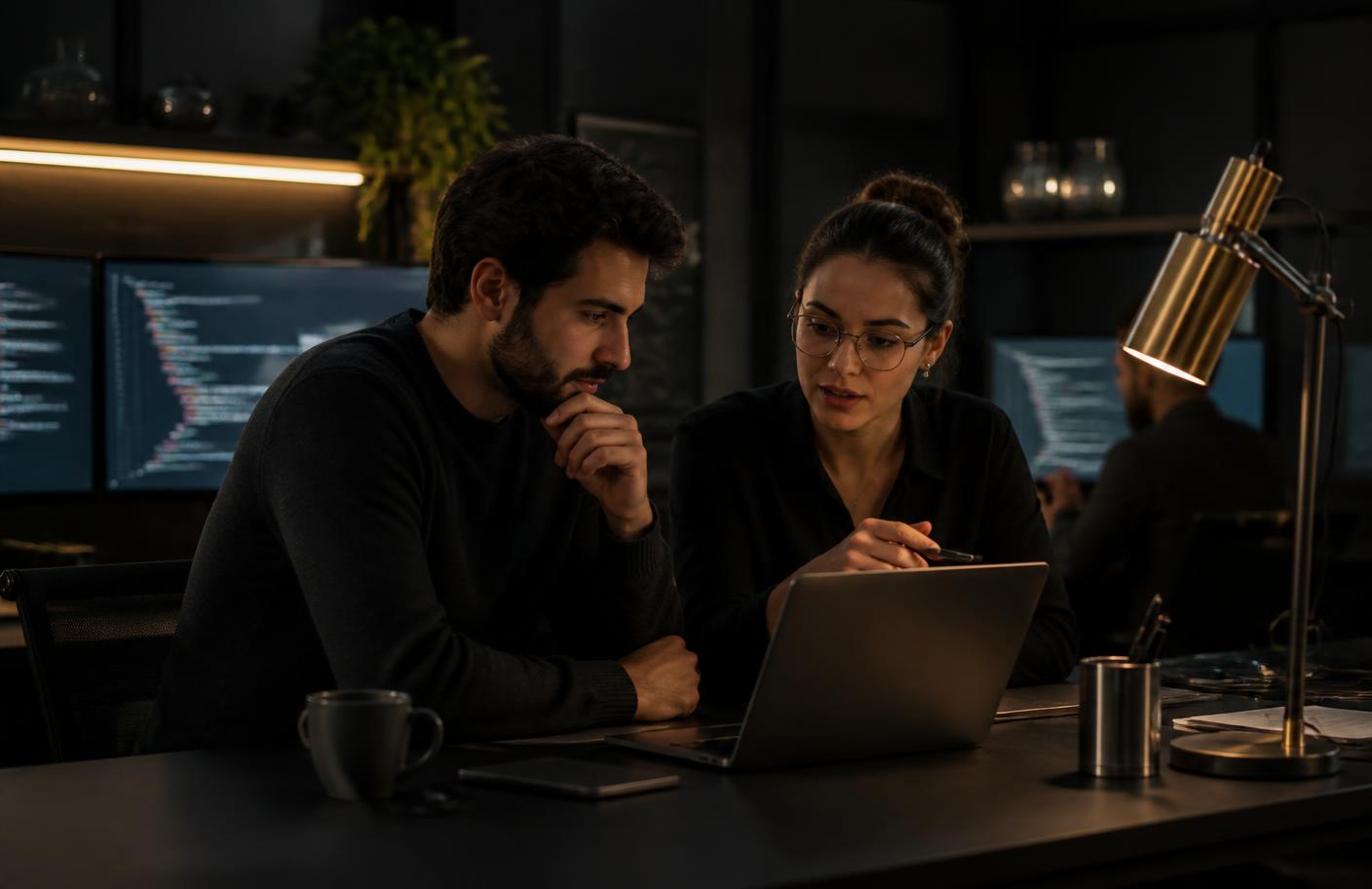 Two software engineers discussing an implementation detail at a dark office desk