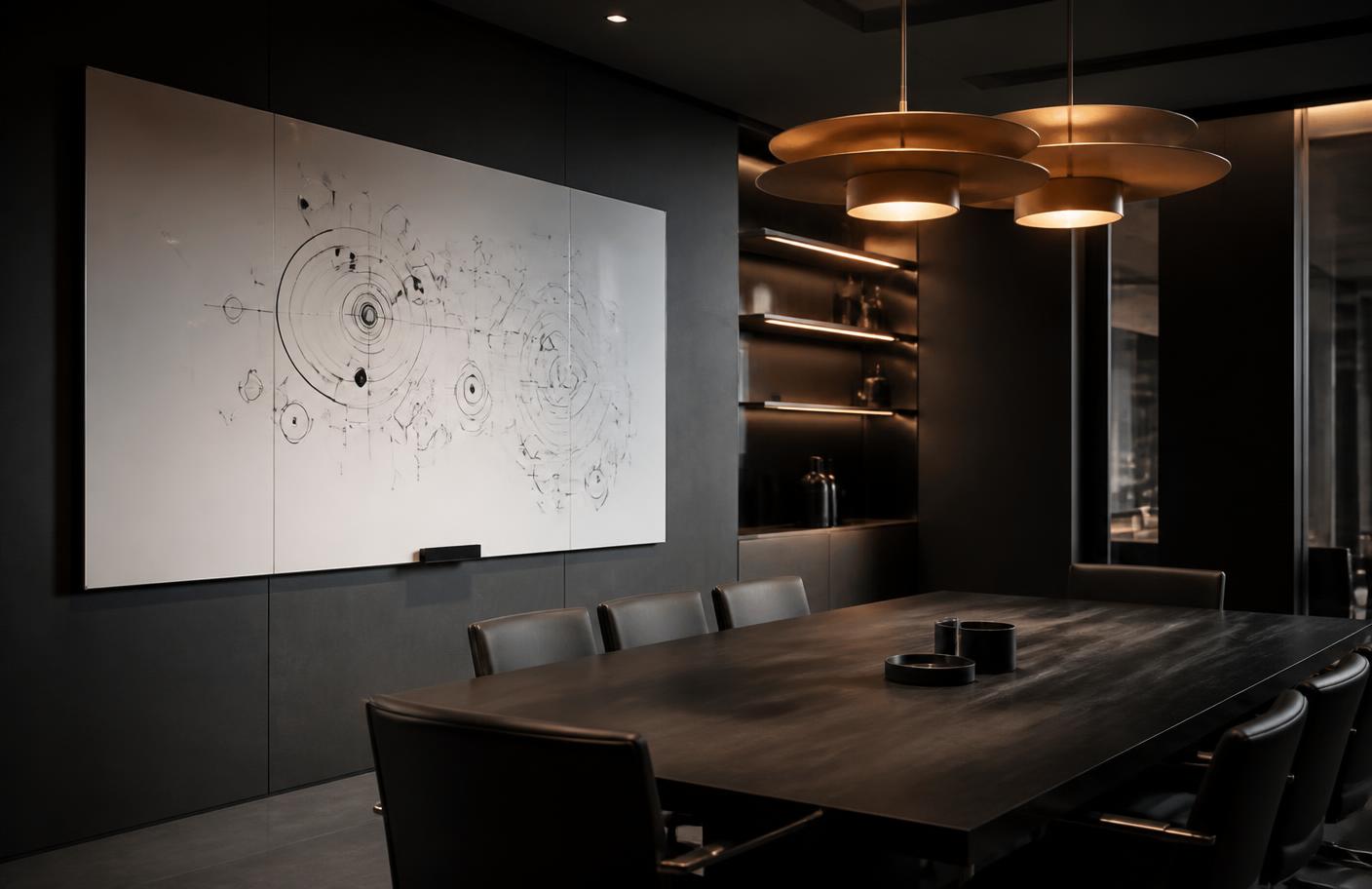 Empty dark meeting room with architecture sketches on a whiteboard, used for planning sessions